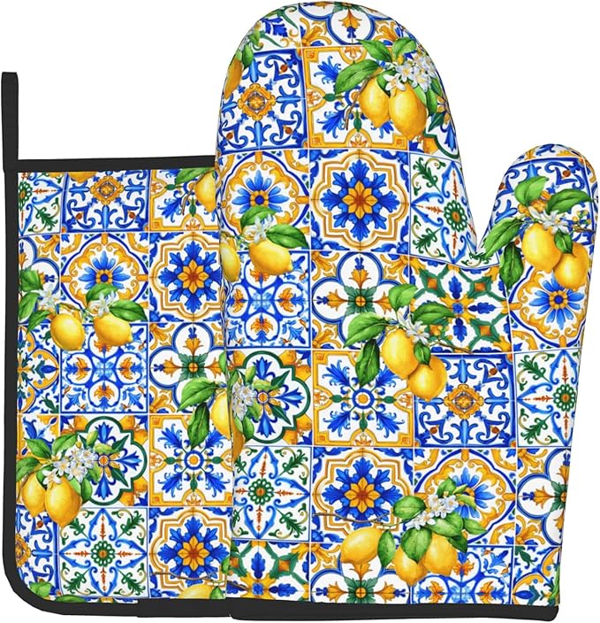 Lemon Oven Mitts - Summer Kitchen Mitts Pot Holders Teal Blue and Yellow Hot Mitts Boho Floral Hot Pads Sets of 2 for Cooking Baking Grilling