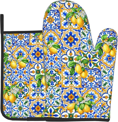Lemon Oven Mitts - Summer Kitchen Mitts Pot Holders Teal Blue and Yellow Hot Mitts Boho Floral Hot Pads Sets of 2 for Cooking Baking Grilling