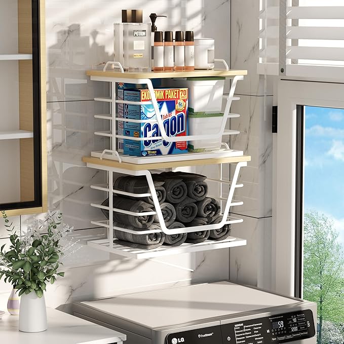 2 Pack Stackable Trash Bag Holders with Wood Top, Large & Small Garbage Bag Dispenser for Kitchen, Pantry, Laundry Room Organization, Wall Mount or Countertop Use, White