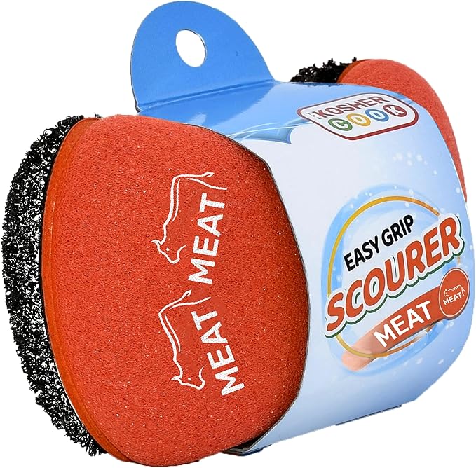 Meat Red Scouring Sponge - Easy Grip Handle Scour Pad with Steel Wool - Color Coded Kitchen Tools by The Kosher Cook