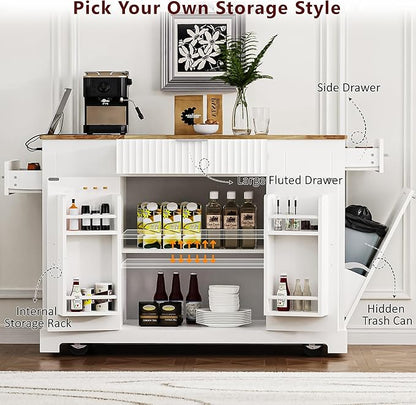 48.5" Kitchen Island with Trash Can Storage Cabinet, Power Outlet, Internal Storage Rack, Rolling Kitchen Islands Cart on 5 Wheels with 3 Drawers, 3 Open Side Racks, White