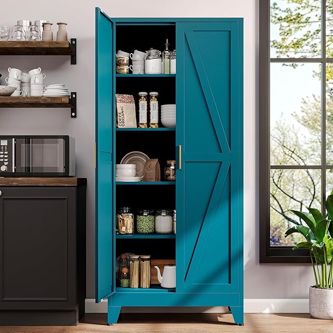 71" H Metal Garage Storage Cabinets,Broom Closet Storage Cabinet,Utility Cabinet,Blue Storage Cabinets