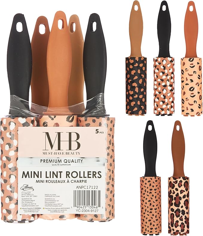 5pc Brown Mini Lint Roller Value Pack – Colorful Compact Rollers for Travel | Pet Hair & Lint Remover for Clothing & Household Use | Portable On-the-Go Lint Removers