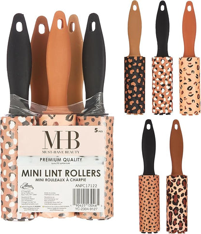 5pc Brown Mini Lint Roller Value Pack – Colorful Compact Rollers for Travel | Pet Hair & Lint Remover for Clothing & Household Use | Portable On-the-Go Lint Removers