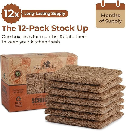 SQUIRREL Natural Coconut Coir Fiber Kitchen Scrubbers 12 Pack Biodegradable Non Scratch Dish Sponges for Eco Friendly Household Cleaning and Zero Waste Living