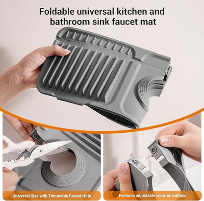 ZJWZLG Faucet Mat for Kitchen Sink, 14"X5.5" Silicone Sink Splash Guard with Soap Holder, Snap-On Design & 7°slope Fast Drain, Folding Sink Faucet Mat for Universal Kitchen Bathroom Sink（Grey）
