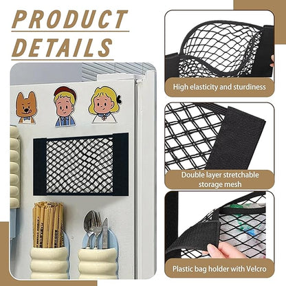 3Pack Plastic Bag Holder Mesh Storage Net Grocery Holder with Adhesive Backing Organizer Dispenser for Garbage Wrap Shopping Bag Wall Mounted 3 Size