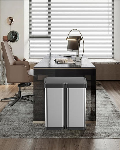 Dual Compartment Motion Sensor Trash Can, 2×8 Gal Garbage Can with Lid, Stainless Steel Trash Bin with 2 Removable Inner Buckets, Soft-Close Foot Pedal, Fingerprint-Resistant for Kitchen Home Office