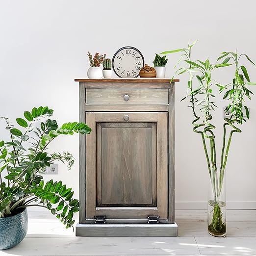 Peaceful Classics Tilt Out Trash Cabinet - Wooden Pull Out Cabinet, Decorative Trash Bin for Kitchen, Bedroom, & Home Patio (Pewter)
