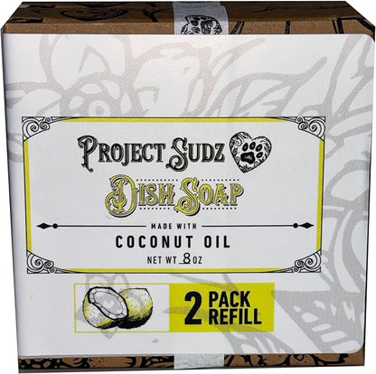 Project Sudz Solid Dish Soap | Made with Coconut Oil | 4 oz Reusable Tin or 2 Pack Refill | Zero Waste, Long-Lasting, Non-Toxic Grease Cutter (2 Pack Refill in Box)