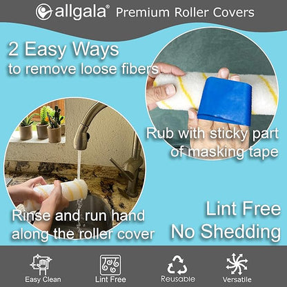 Allgala Paint Roller Covers, 6 Pack 9 Inch Shedless Lint Free Painter Roller Covers 1/2 in Roller Naps for Paint Roller Kit