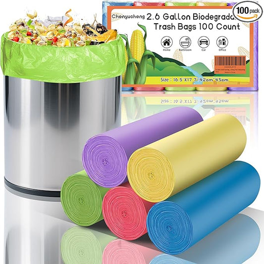 2.6 Gallon Small Trash Bags Bathroom - Compostable Colorful Mini Garbage Bags 100 Count Unscented 10 Liter Biodegradable Little Waste Basket Kitchen Office Car Tiny Liners Strong Thick Chenyucheng