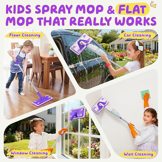 2 Set Toy Mop for Kids - Toddler Real Spray Flat Floor Mop Montessori Cleaning Toy Set, Educational and Fun Gifts for Boys and Girls Ages 4+