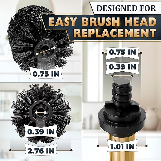 Gold Toilet Brush and Holder Set - Brushed Stainless Steel Gold Toilet Bowl Brush and Holder with Replaceable Head, Removable Inner Bowl, and Splash Protection - Dense Bristles for Thorough Cleaning