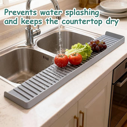 Silicone Sink Edge Protector Splash Guard, 24x4 Inch with Suction Cups & 5°Tilt, Cuttable for Kitchen Bathroom Countertops, Granite Quartz Surfaces (Gray)