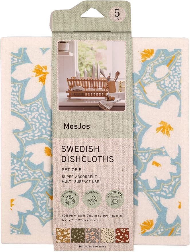 Swedish Dishcloths, Super Absorbent Multi-Surface Cleaning Cloths, Blue Floral Print, 80% Cellulose, 6.7x7.5 Inch, Set of 5 Designs