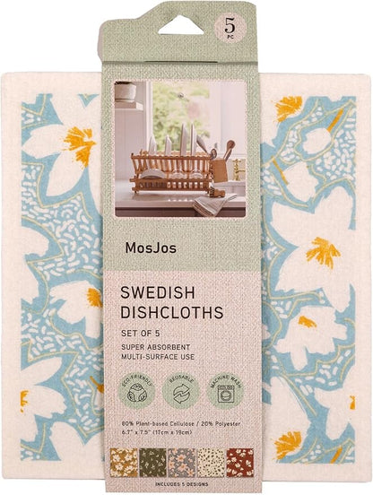 Swedish Dishcloths, Super Absorbent Multi-Surface Cleaning Cloths, Blue Floral Print, 80% Cellulose, 6.7x7.5 Inch, Set of 5 Designs
