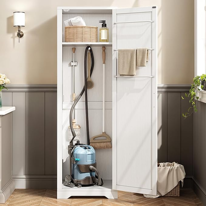 DWVO Broom Closet Storage Cabinet, Wooden Organizer for Mops, Brooms, and Bucket Vacuum Cleaners with Upper Shelf and Towel Hanging Options