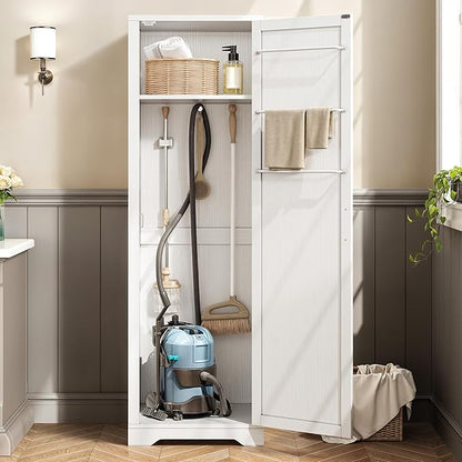 DWVO Broom Closet Storage Cabinet, Wooden Organizer for Mops, Brooms, and Bucket Vacuum Cleaners with Upper Shelf and Towel Hanging Options