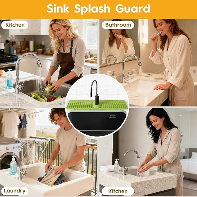 24" Silicone Faucet Mat for Kitchen Sink Released in 2026,8° Slope Fast Self-draining-Kitchen Sink Splash Guard,Bathroom Kitchen Sink Area Water Splash Guard Behind Faucet Draining Mat(Green)