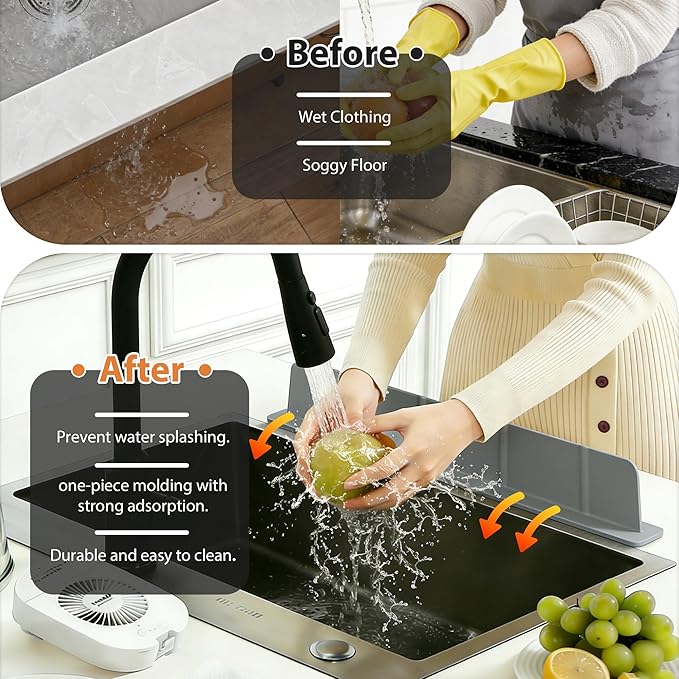 20Inch Silicone Sink Splash Guard with Strong Suction Cups, Flexible Kitchen Sink Splash Guard for Front of Sink, Easy to Clean Splash Guard for Kitchen & Bathroom (Dark Grey, 20.5''x2.8'')