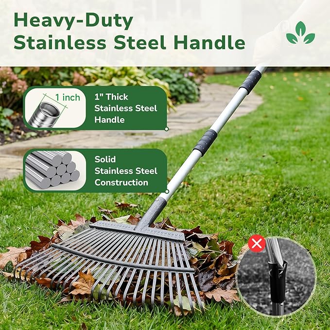 GreatBuddy Leaf Rake and Leaf Bags Combo, Adjustable Metal Garden Rake 29''-72'' 11 Tines, 2 Pack 53 Gallon Reusable Yard Waste Bags, Heavy Duty Lawn Rake with Dustpan Leaf Collector for Yard Cleanup