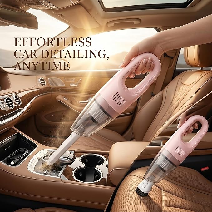 Cordless Portable Car Vacuum Cleaner, High Power Mini Handheld Vacuum, Rechargeable Lightweight Desk Duster Detailing Kit for Auto Interior Apartment Kitchen, Aesthetic Car Accessories for Women (Pink