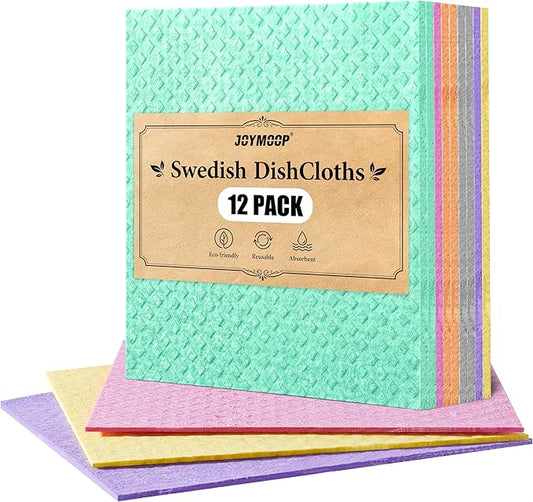 JOYMOOP Swedish Dishcloths, Reusable Cellulose Kitchen Cloths, Multicolor, 8 x 7 inches, 12 Pack, Diamond Pattern, Super Absorbent, Quick Dry, Odor Resistant, Lint Free