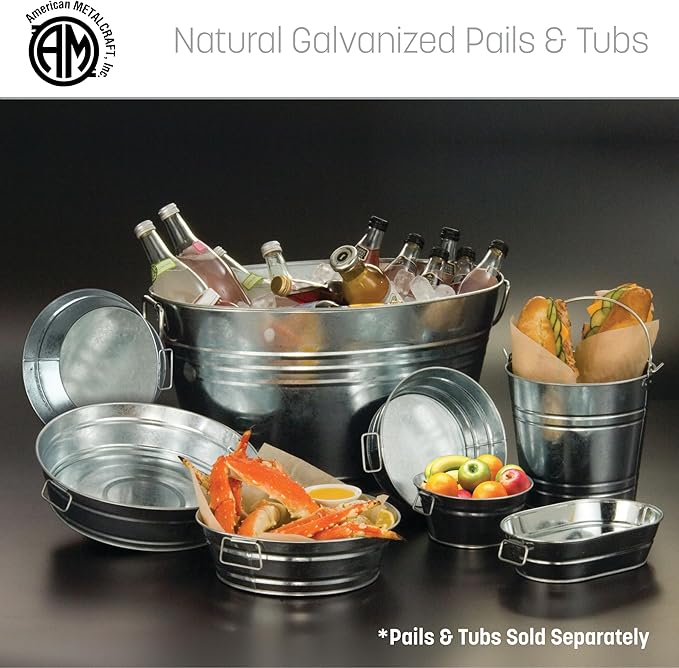 American Metalcraft PTUB87 Natural Galvanized Steel Pail with Handle - 1.16 Gallon, 8 Inch Diameter - Durable, Commercial Steel Construction - Classic Tabletop Serving Pail, Silver