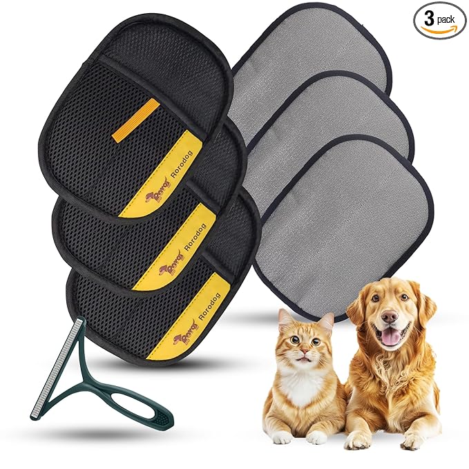 3-Pack Magic Brush Pet Hair Removal Gloves with A Hair/Lint Removal Tool – Remove Cat/Dog Fur from Clothing, Furniture, Car Seats, Bedding & Carpet