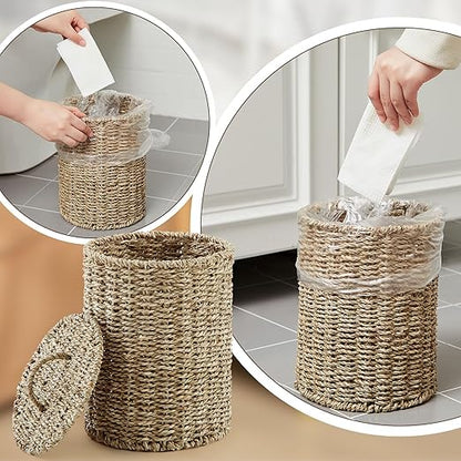 Ctosree 1.3 Gallons Small Trash Can with Lid Handle Boho Woven Braided Bathroom Waste Basket Trash Can with 100 Garbage Bags for Bedroom Office Laundry(Primary Color,Braided Straw Rope,Round)