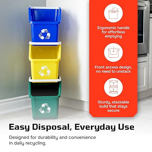 Multi Bin Recycling System with Three Stackable 6 Gallon Recycle Bins for Kitchen Use – Recycling Trash Can Set for Office, Garage, Businesses (6 Pack, Blue/Grey)