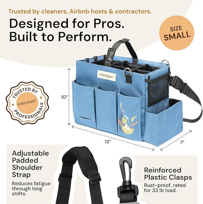 Multiuse Cleaning Caddy with Waist, Shoulder Strap 9 Pockets, Mesh Base & Adjustable Compartments - Cleaning Caddy - Cleaning Supplies Organizer (Blue, Small)