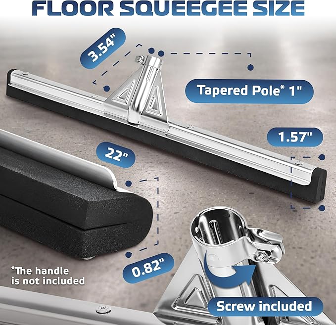 DSV Standard Heavy-Duty Floor Squeegee 22’’, Double Foam Rubber Blade Garage Squeegee, Taper Pole Connection - Handle Sold Separately for Tiles, Concrete and Asphalt