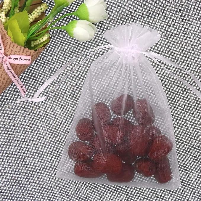 100 Pcs 5x7 inch Gift Wrap Bags, Organza Sheer Clear Tulle Fabric, White Drawstring Sachet for Baby Shower Favor, Birthday Party Favor, Bachelorette Party, Girls Graduation,Small Votive Candles,Marble