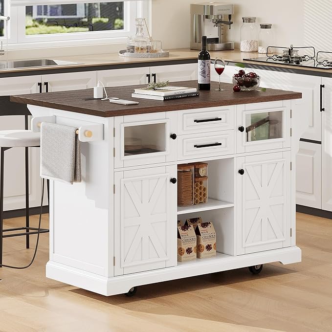 54.9" Large Kitchen Island with Drop Leaf, Power Outlet, Kitchen Storage Islands with Cross Barn Doors & Visual Glass Door, Rolling Kitchen Cart on 4 Wheels, White