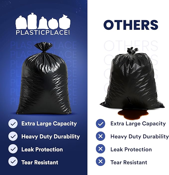 Plasticplace 95-96 Gallon Garbage Can Liners Heavy Duty 1.5 Mil Black Trash Bags Tear-Resistant Outdoor Garbage Bags for Rollaway Bins Large 61" x 68" Industrial-Strength Waste Bags (25 Count)