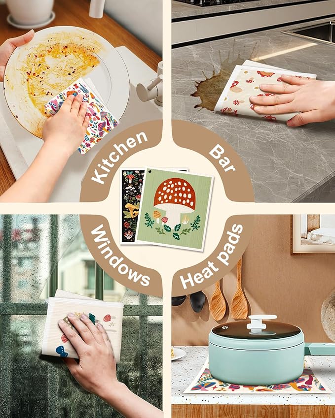 Miss Adola Swedish Dishcloths for Kitchen with Hooks - Reusable Dish Cloths for Washing Dishes Fast Drying Cute Fun 5 Pack Swedish Dish Towels Washable Cleaning Sponge, Swamm Series