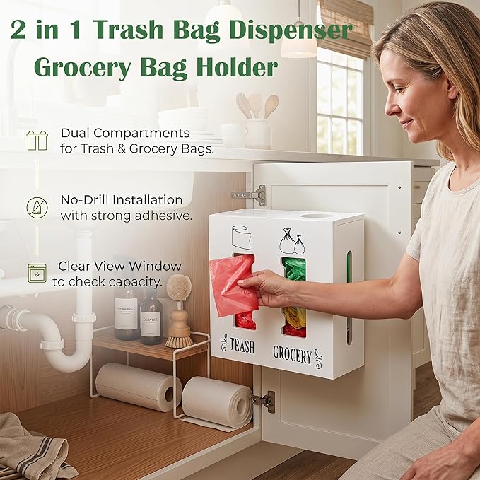 2 in 1 Trash Bag Dispenser and Grocery Bag Holder, Large Wooden Trash Bag Holder,Trash Bag Dispenser for Grocery Bags and Plastic Bags,Kitchen Cabinet Under Sink Organizers and Storage