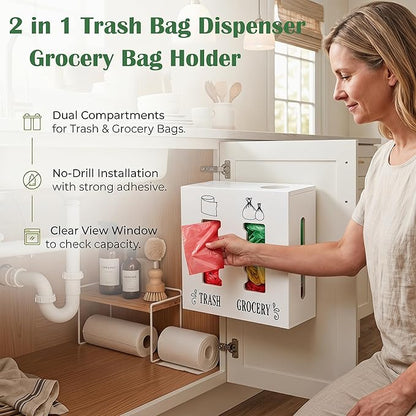 2 in 1 Trash Bag Dispenser and Grocery Bag Holder, Large Wooden Trash Bag Holder,Trash Bag Dispenser for Grocery Bags and Plastic Bags,Kitchen Cabinet Under Sink Organizers and Storage
