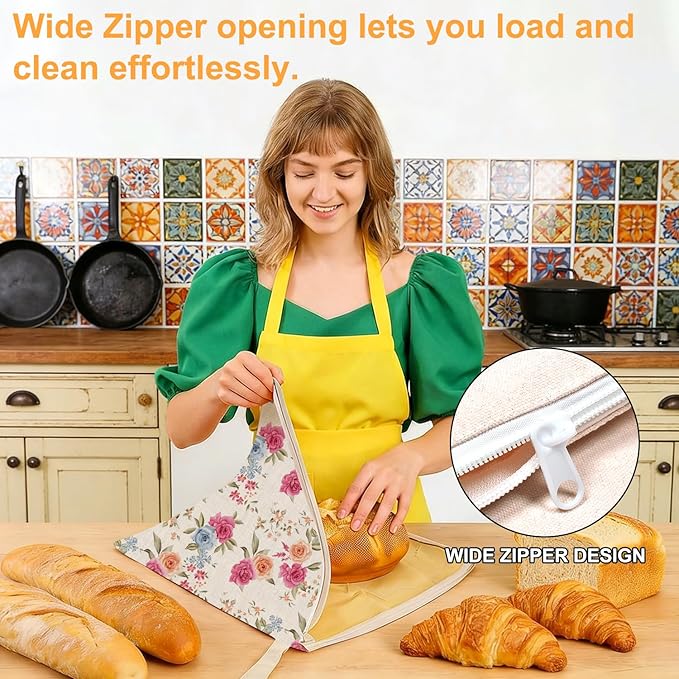 New L-shaped Zipper Beeswax Bread Bags 2 Pack, Floral Bread Bags for Homemade Bread, Natural Beeswax Lining Reusable Bread Bag for Bread Freshness Extends Shelf Life