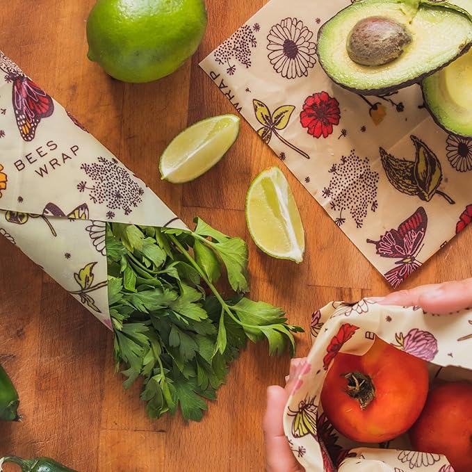 Bee's Wrap Vegan Beeswax Wraps for Food - 3 Pack of Medium Beeswax Wraps - Plastic Free Made in USA Reusable Natural Food Wrap - Meadow Magic Print