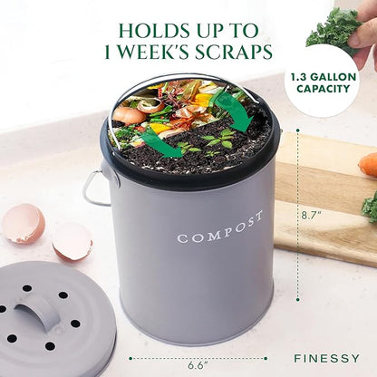 FINESSY Indoor Compost Bin Kitchen Odorless with Lid for Composting Food Waste, Stainless Steel Countertop Trash Can, 1.3 Gallon Container