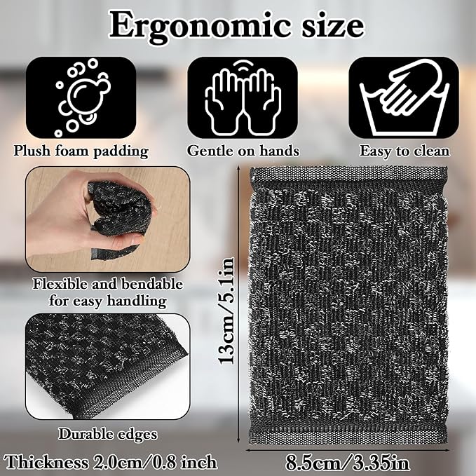 6 Pack Steel Wool Scrubber Sponges, Heavy Duty Stainless Steel Scouring Pads Reusable Non Scratch Kitchen Metal Sponges Cleaning Tool for Pots and Pans Tough Grease & Grime (Black, Diamond Pattern)