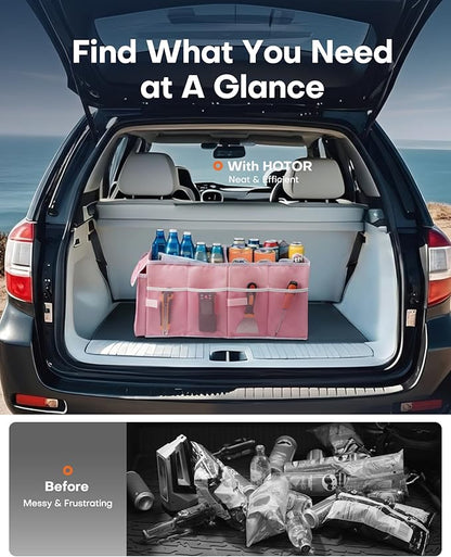 HOTOR Trunk Organizer for Car - Car Organizer, Foldable Trunk organizer for SUVs & Sedans, Sturdy Organization for Car Accessories, Tools, Sundries, Pink, 2 Compartments, 23.6"×14.2"×10.6"