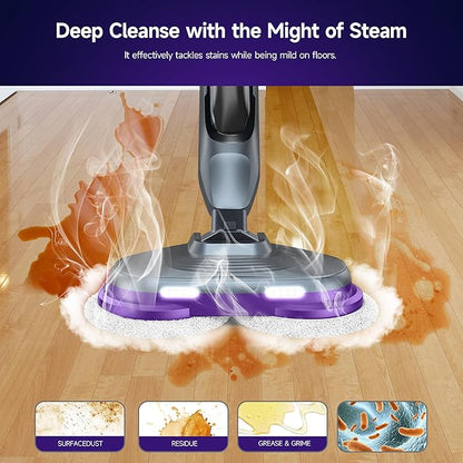 Scrub & Steam Mop with Rotating Mop Pads, LED Headlights, 6 Scrub Pads, Large Tank, Swivel Steering, Effortless Scrubbing Hard Floor Cleaner Upgraded