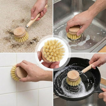 12pcs Dish Brush with Wooden Handle Natural Kitchen Brush Washing Scrubber Kitchen Dishwashing Washing Up Brushes Heads Bristle Brushes Refills for Sinks Cleaning Cast Iron Pots Pans Vegetables