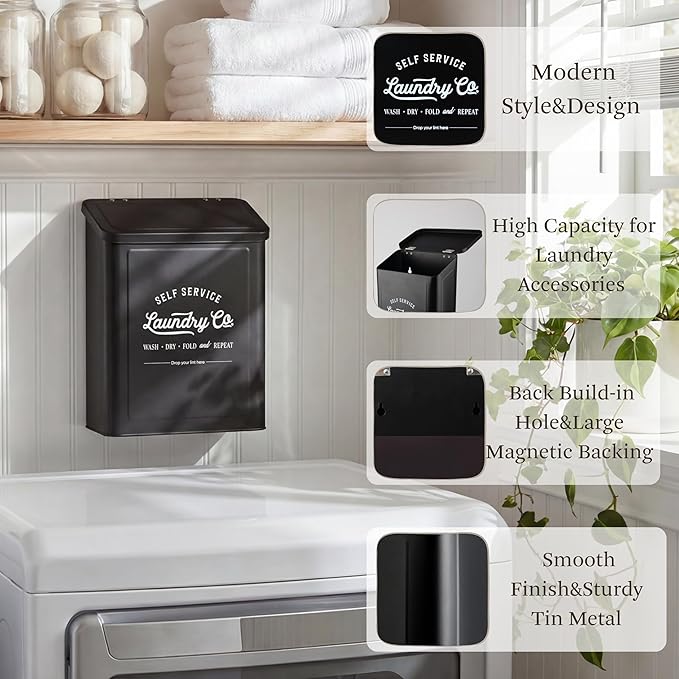 MONJITA Magnetic Lint Bin for Laundry Room, Wall Mounted Lint Trash Can with Lid for Dryer, Laundry Room Organization and Storage with Brush(Black)