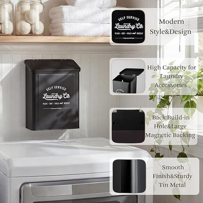 MONJITA Magnetic Lint Bin for Laundry Room, Metal Trash Can with Lid for Dryer, Farmhouse Lint Holder, Laundry Co Sign, Laundry Room Storage Decor with Dryer Lint Brush (Black-Dryer Ball Set)