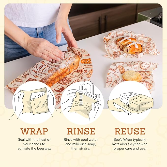 Bee's Wrap Beeswax Wraps for Food - 3 Pack of Assorted Beeswax Wraps - Small, Medium & Large Wrap - Plastic Free Made in USA Reusable Natural Food Wrap - Bakery Lane Print
